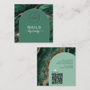 Modern Arch Emerald green and Gold Qr Code Marble  Square Business Card