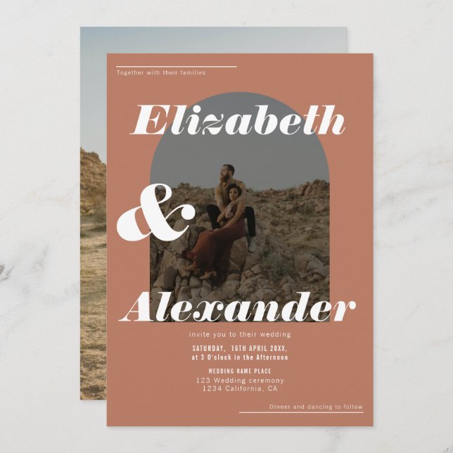 Modern arch fall terracotta photo retro wedding invitation (Front/Back)