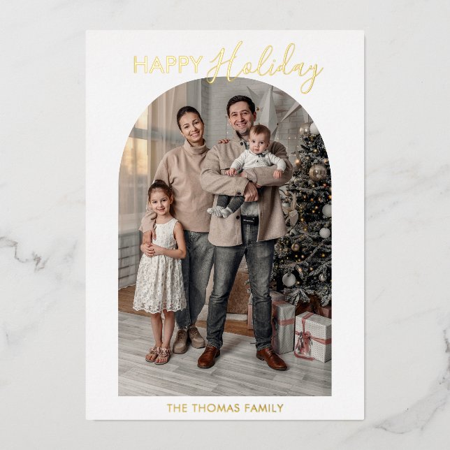 Modern Arch Family Photo Collage Foil Holiday Card (Front)