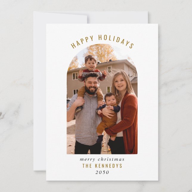 Modern Arch Family Photo Happy Holidays Christmas  Holiday Card (Front)