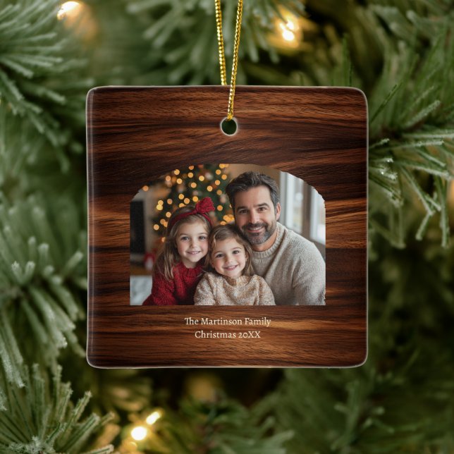 Modern Arch Family Photo Woodgrain Christmas  Ceramic Ornament (Tree)
