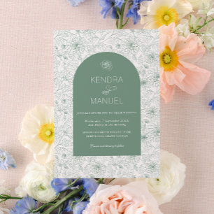 Modern Arch Floral Toile Sage Green Wedding Invitation