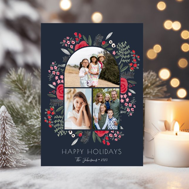 Modern Arch Frame Floral Family Christmas 3 Photo Holiday Card (Modern Arch Frame Floral Family Christmas 3 Photo Holiday Card)