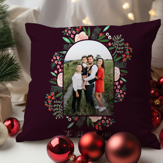 Modern Arch Frame Floral Merry Christmas Photo Cushion (Modern Arch Frame Floral Merry Christmas Photo Throw Pillow)
