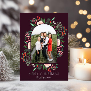 Modern Arch Frame Floral Merry Christmas Photo Holiday Card