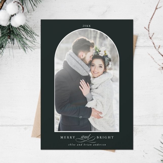 Modern Arch Frame Merry and Bright Photo Green Holiday Card (Creator Uploaded)