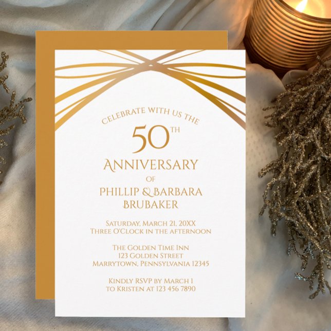 Modern Arch Golden 50th Wedding Anniversary Party Invitation (Custom 50th wedding anniversary party invitation modern simple elegant arches golden tan on white.)