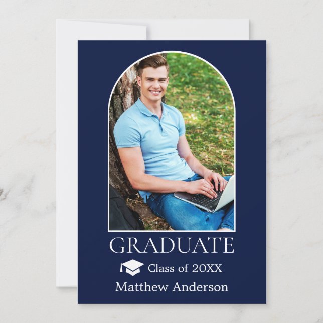Modern Arch Grad Cap Photo Blue Graduation Announcement (Front)