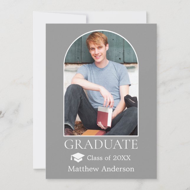 Modern Arch Grad Cap Photo Grey Graduation Announcement (Front)