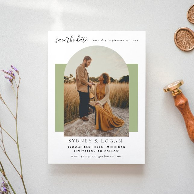 Modern Arch Green Wedding Photo Save The Date (Creator Uploaded)
