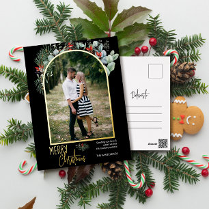 Modern Arch Greenery Black Christmas Photo Foil Holiday Postcard