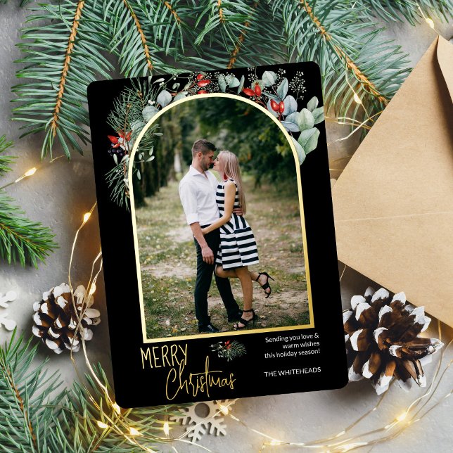 Modern Arch Greenery Merry Christmas Photo (You will love these beautiful Christmas cards! They feature botanical watercolor pine and berries.)