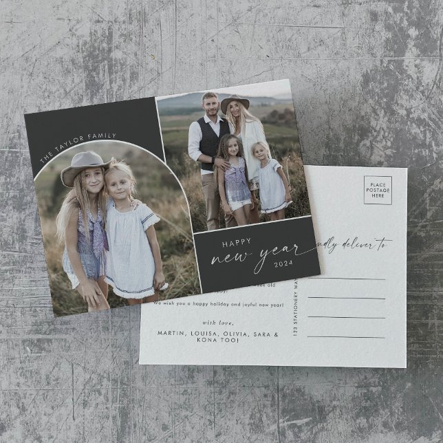 Modern Arch | Grey 3 Family Photos New Year News Holiday Postcard (Creator Uploaded)