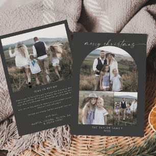 Modern Arch Grey Photo Collage Family Christmas Holiday Card