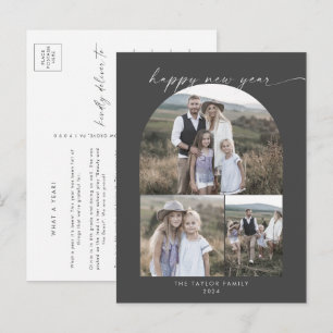 Modern Arch Grey Photo Collage Family New Years Holiday Postcard