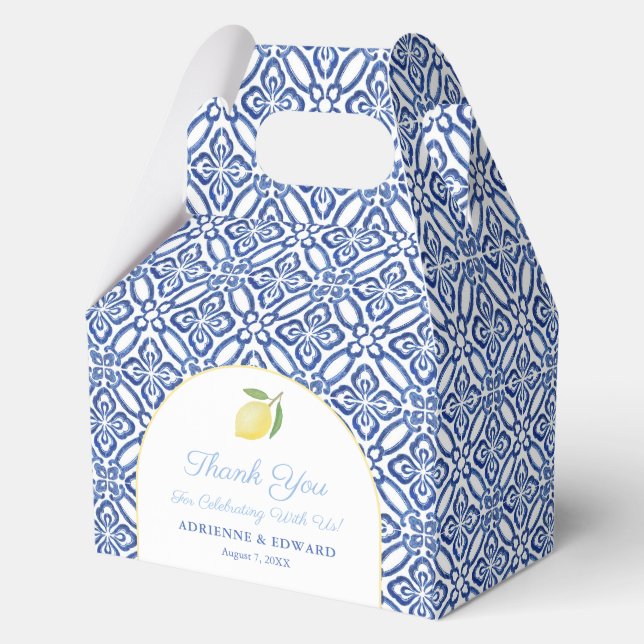Modern Arch Italian Lemon Blue Tiles Wedding Favour Box (Front)