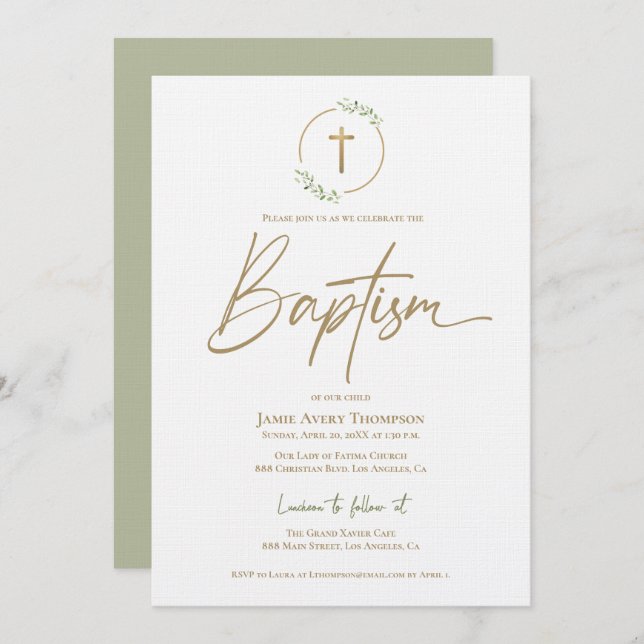 Modern Arch leaf Wreath Gilded Gold Cross Baptism Invitation (Front/Back)