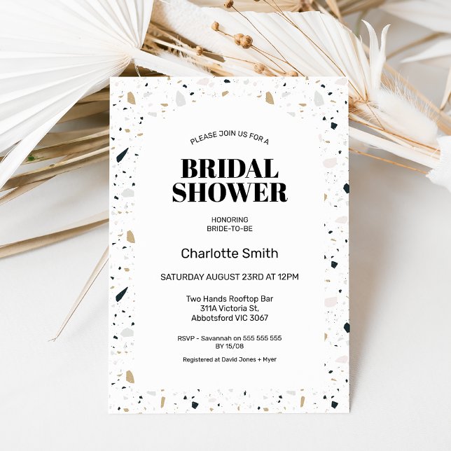 Modern Arch Light Terrazzo Bridal Shower Invitation (Light colored terrazzo bridal shower invitation featuring an off white arch and black text.)