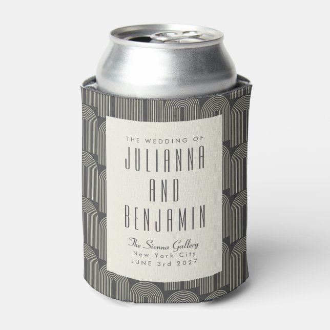 Modern Arch Line Art Black Grey Custom Wedding Can Cooler (Can Front)