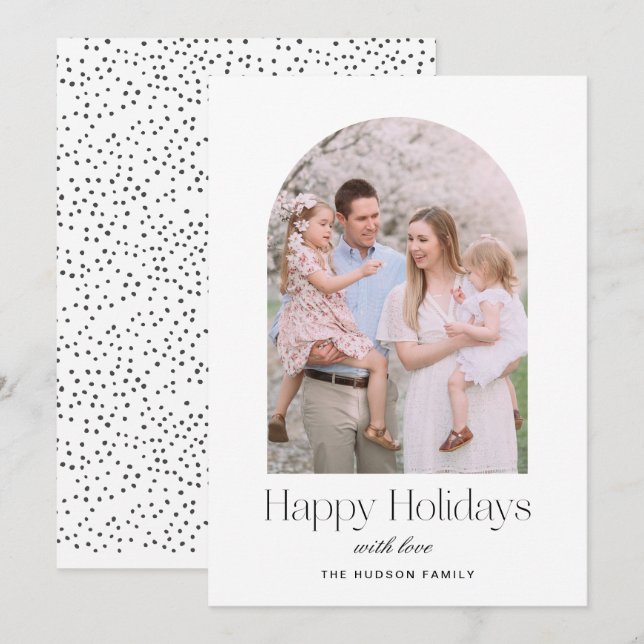 Modern Arch Minimalist Black Happy  Holiday Card (Front/Back)