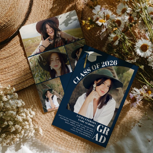 Modern arch navy blue 5 photos graduation invitation (Modern arch navy blue 5 photos graduation invitation)