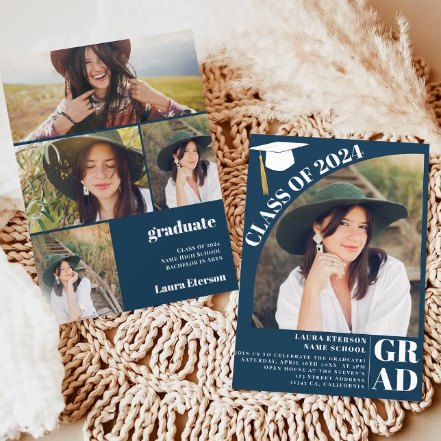 Modern arch navy blue 5 photos graduation invitation (Modern arch navy blue 5 photos graduation invitation)