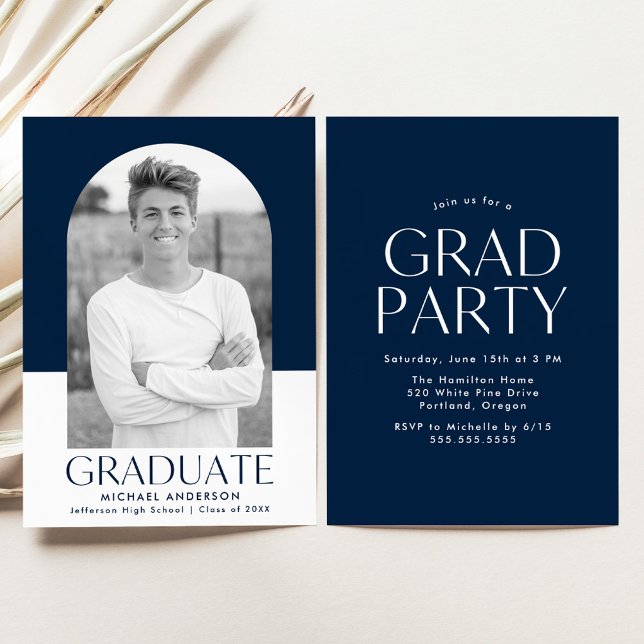 Modern Arch Navy Colour Block Graduation Party Invitation (Creator Uploaded)