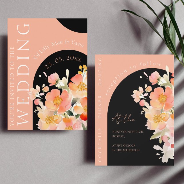 Modern Arch Orange Peach and Black Floral Wedding Invitation (Creator Uploaded)