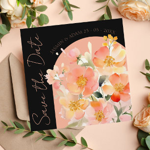 Modern Arch Orange Peach and Black Floral Wedding Save The Date