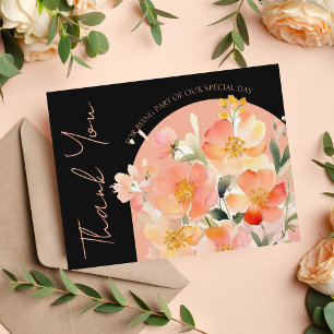 Modern Arch Orange Peach and Black Floral Wedding Thank You Card