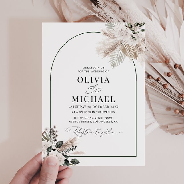 modern arch pampas greenery wedding invitation (Creator Uploaded)