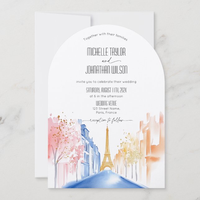 Modern Arch Paris Eiffel Tower Destination Wedding Invitation (Front)