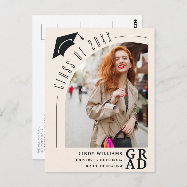 Modern Arch Photo Beige Graduate Announcement Postcard (Front/Back)