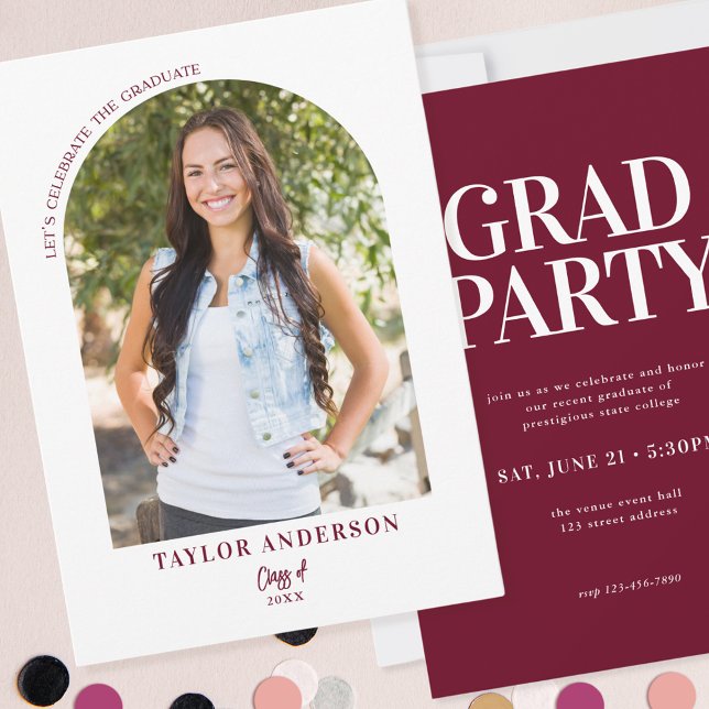 Modern Arch Photo Burgundy Graduation Party Invitation (Creator Uploaded)