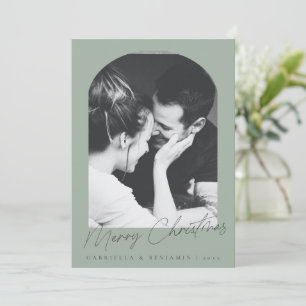 Modern Arch Photo Christmas Letter Sage Green Holiday Card