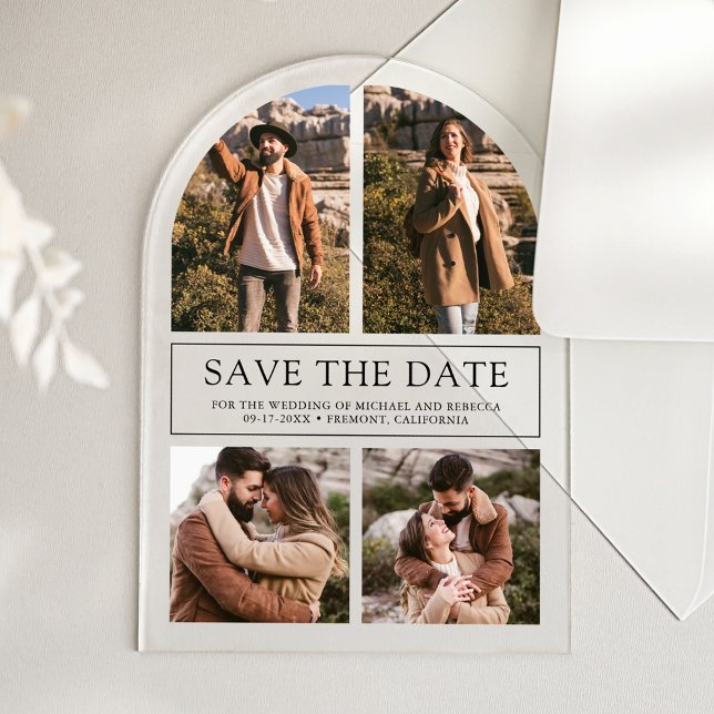 Modern Arch Photo Collage Wedding Save the Date Acrylic Invitations (Creator Uploaded)