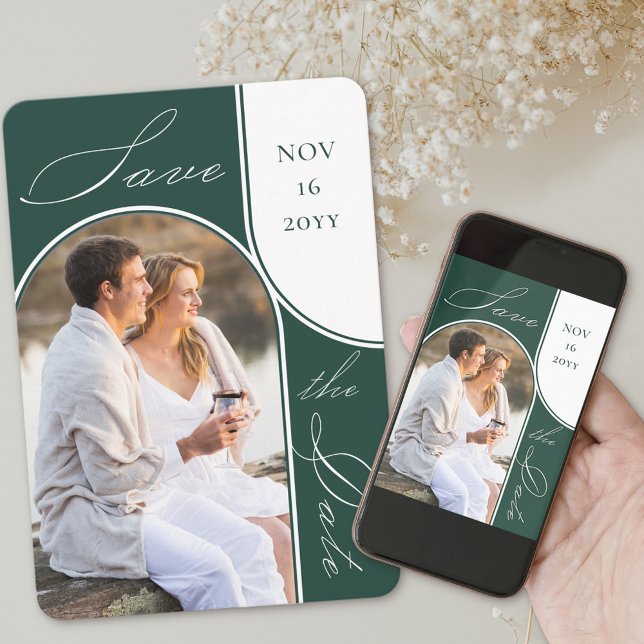 Modern Arch Photo Elegant Script Emerald Green Save The Date (Save the Date with modern arch photo and a second picture on the back. 
)