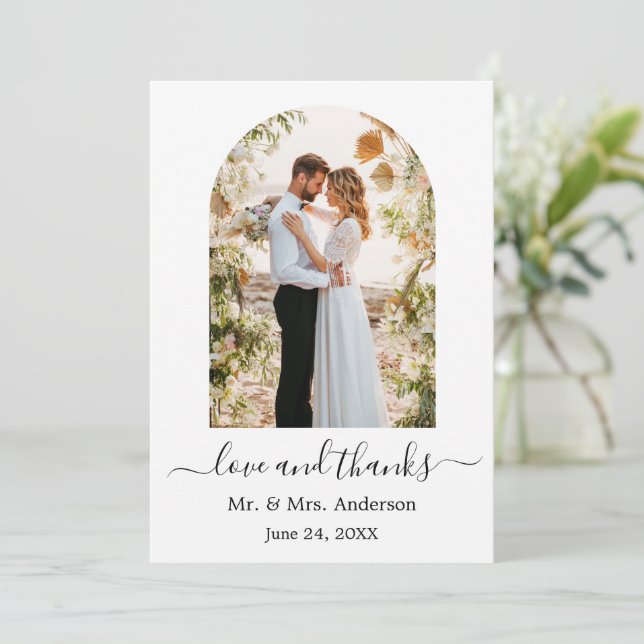 Modern Arch Photo Frame Love and Thanks Wedding Thank You Card (Standing Front)