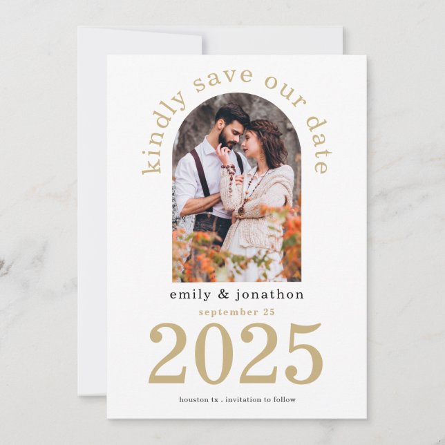 Modern Arch Photo Gold Wedding Save The Date (Front)