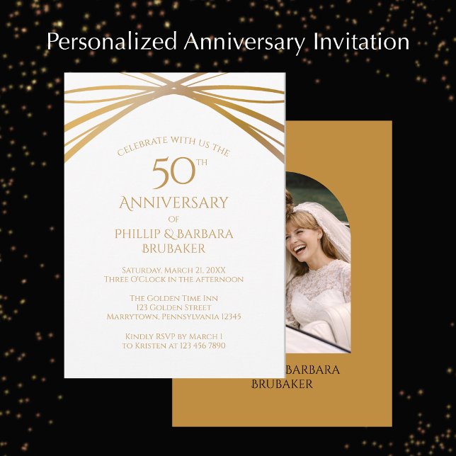 Modern Arch Photo Golden 50th Anniversary Party Invitation (Personalize these elegant arch photo Golden 50th wedding anniversary invitations.
)