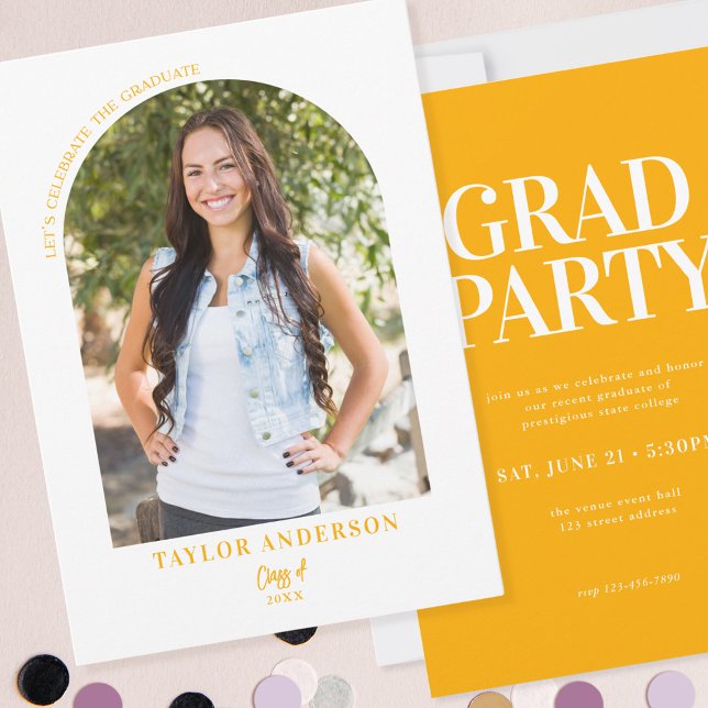 Modern Arch Photo Golden Yellow Graduation Party Invitation (Creator Uploaded)