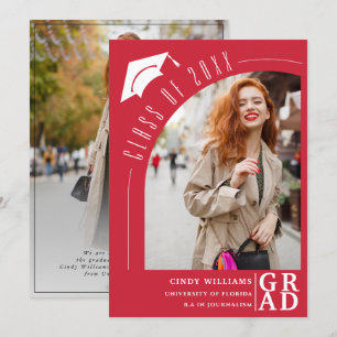 Modern Arch Photo Grad Hat Red Graduation Announcement