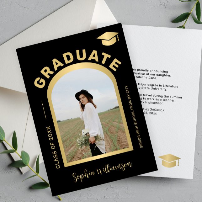 Modern arch photo graduate gold black graduation announcement (Creator Uploaded)