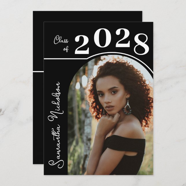 Modern Arch Photo Graduation Black Invitation (Front/Back)
