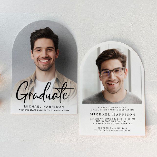 Modern Arch Photo Graduation Party Invitation (A modern arched-shaped photo graduation party invitation to celebrate the graduate's achievements)