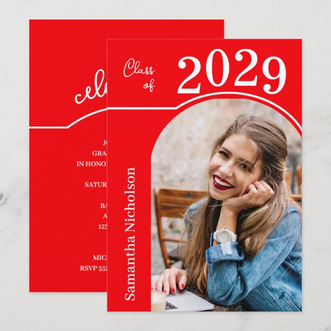 Modern Arch Photo Graduation Red Invitation (Front/Back)