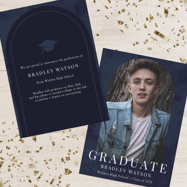 Modern Arch Photo Navy Blue Boy's Graduation Invitation (Creator Uploaded)