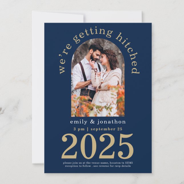 Modern Arch Photo Navy Gold Wedding  Save The Date Invitation (Front)