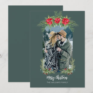 Modern Arch Photo Poinsettia Greenery Christmas Holiday Card