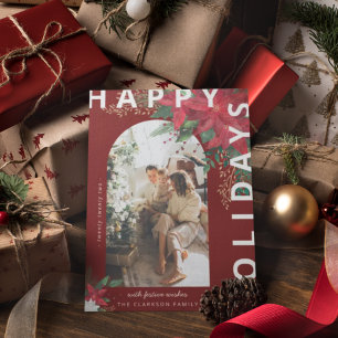 Modern Arch Photo Poinsietta Floral Christmas Holiday Card